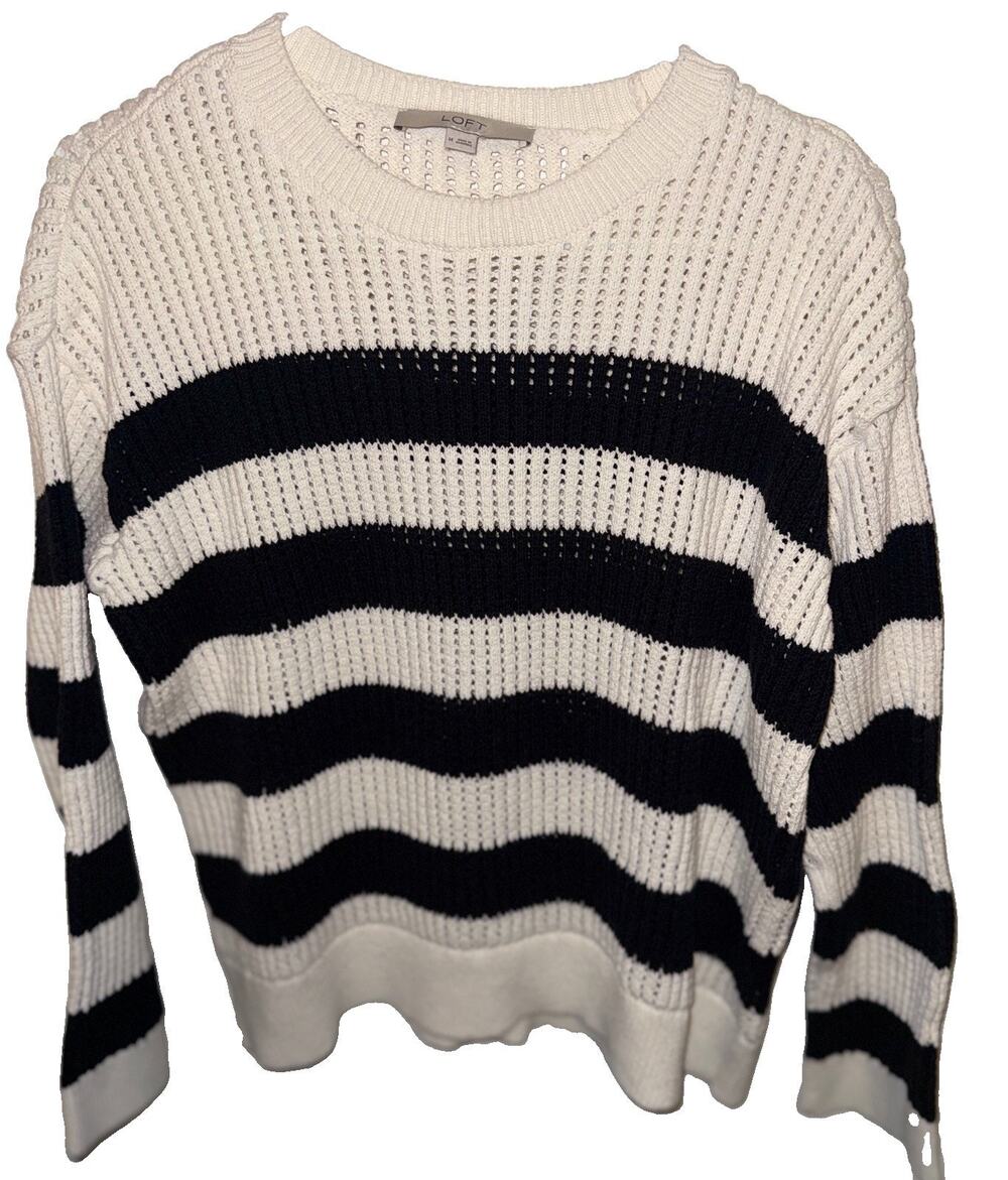 LOFT Black & White Striped Open-Knit Crewneck Long Sleeve Cotton Sweater M